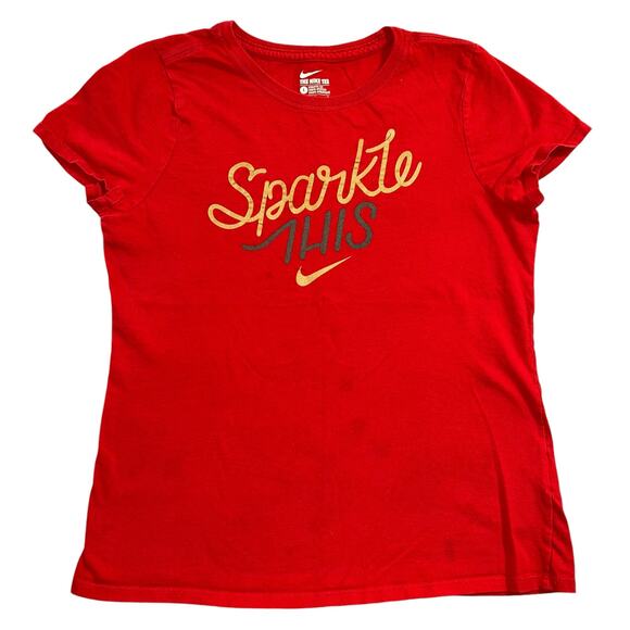 The Nike Tee Girls Sparkle This T Shirt Top Red Gold Athletic Cut Large - Picture 1 of 6
